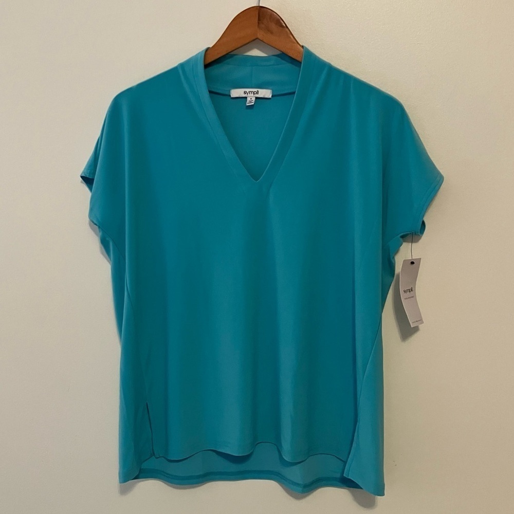 Sympli NWT Sz.6 Deep V Top Short Sleeve Teal Jersey Knit Lagenlook Summer